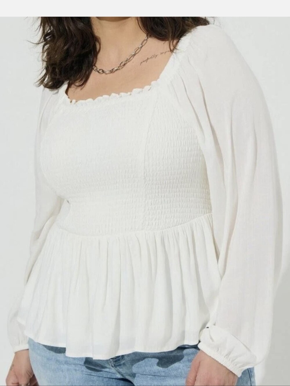 Torrid 1X Stretchy White Peasant Blouse with Smocked Bodice